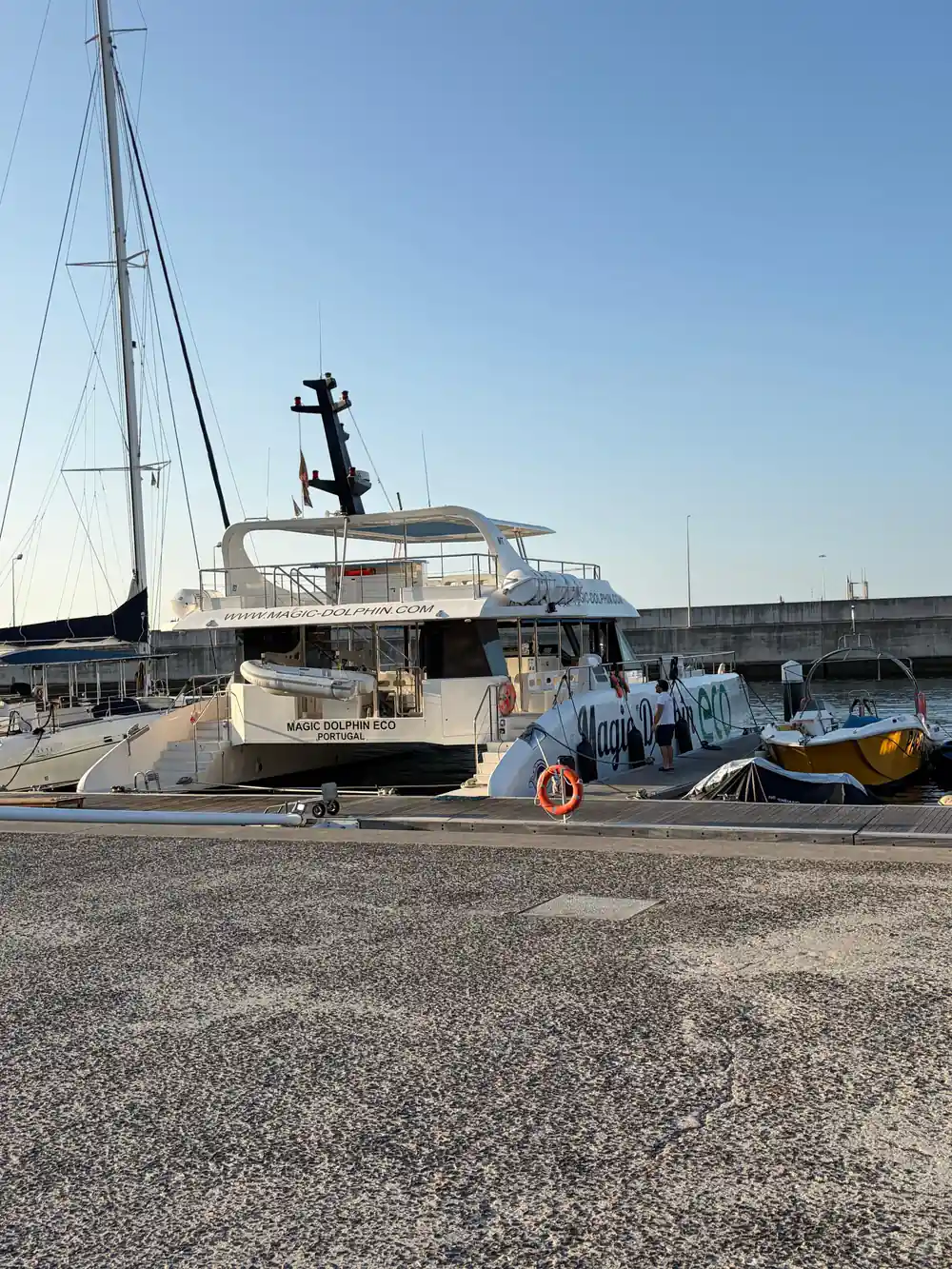 The catamaran moored at the pontoon with masts behind