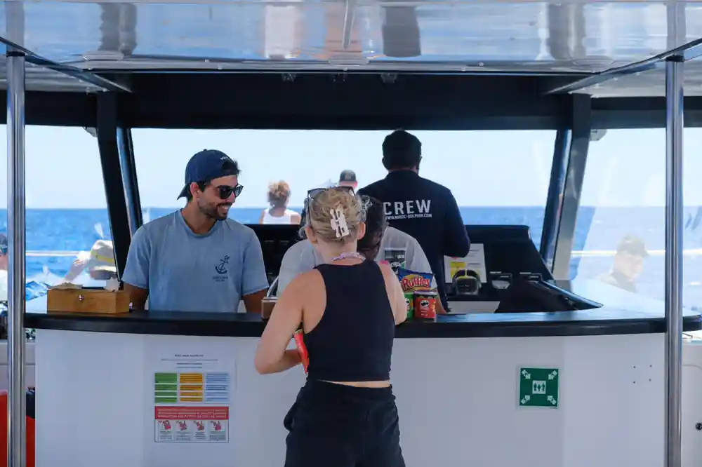 Crew at the onboard bar serving guests